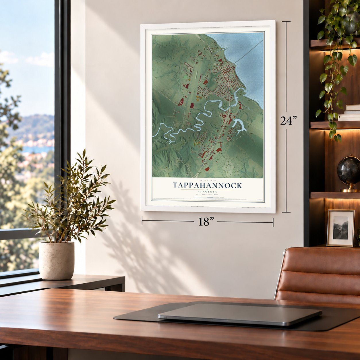 Tappahannock, Virginia map, 18 x 24 inch print in a white frame in a home office