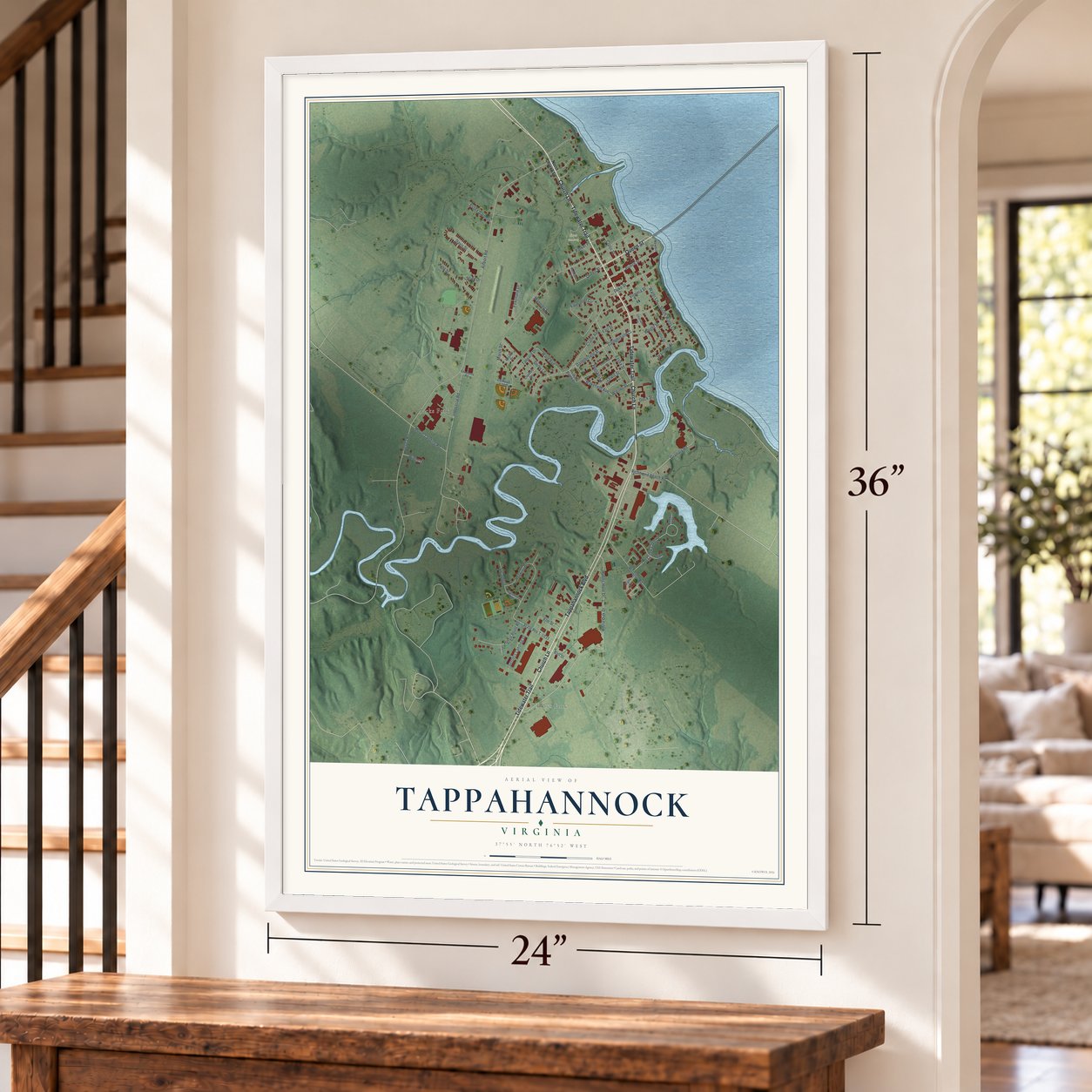 Tappahannock, Virginia map, 24 x 36 inch print in a white frame by a staircase