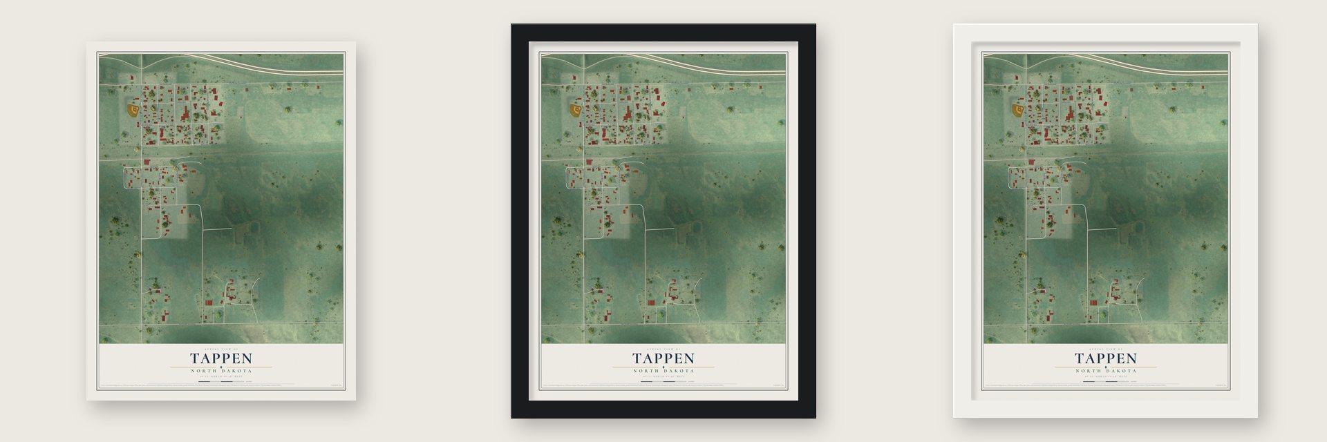 Tappen, North Dakota map unframed, in a black wood frame and in a white wood frame