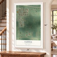 Tappen, North Dakota map, 24 x 36 inch print in a white frame by a staircase