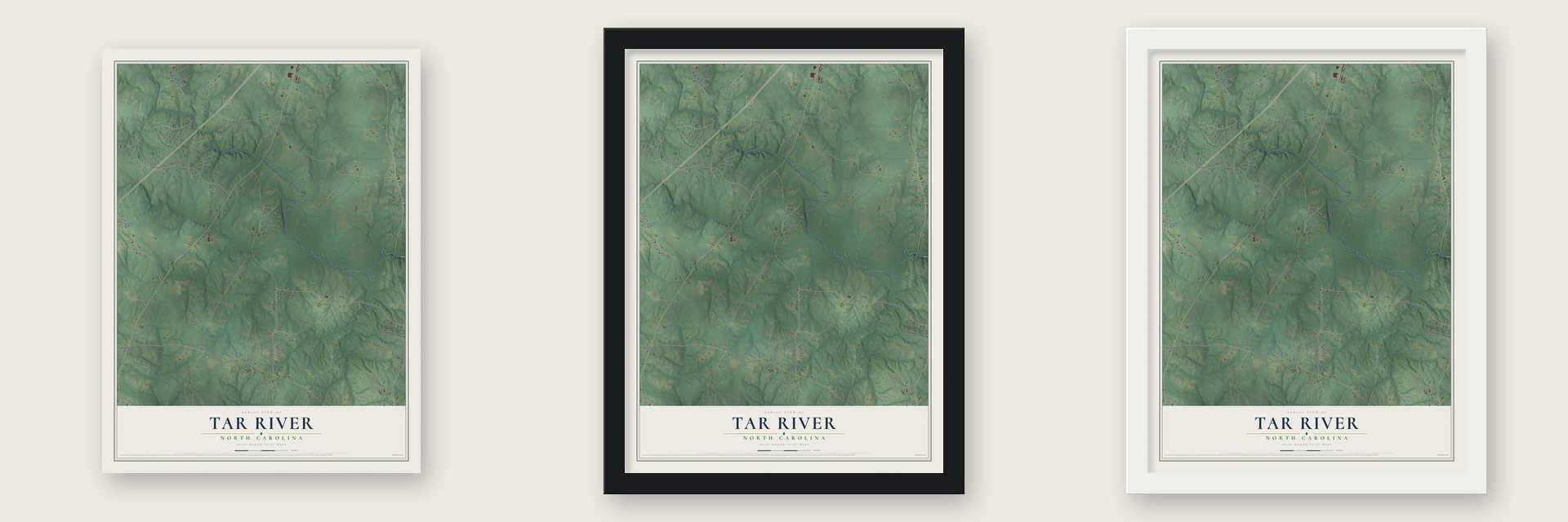 Tar River, North Carolina map unframed, in a black wood frame and in a white wood frame