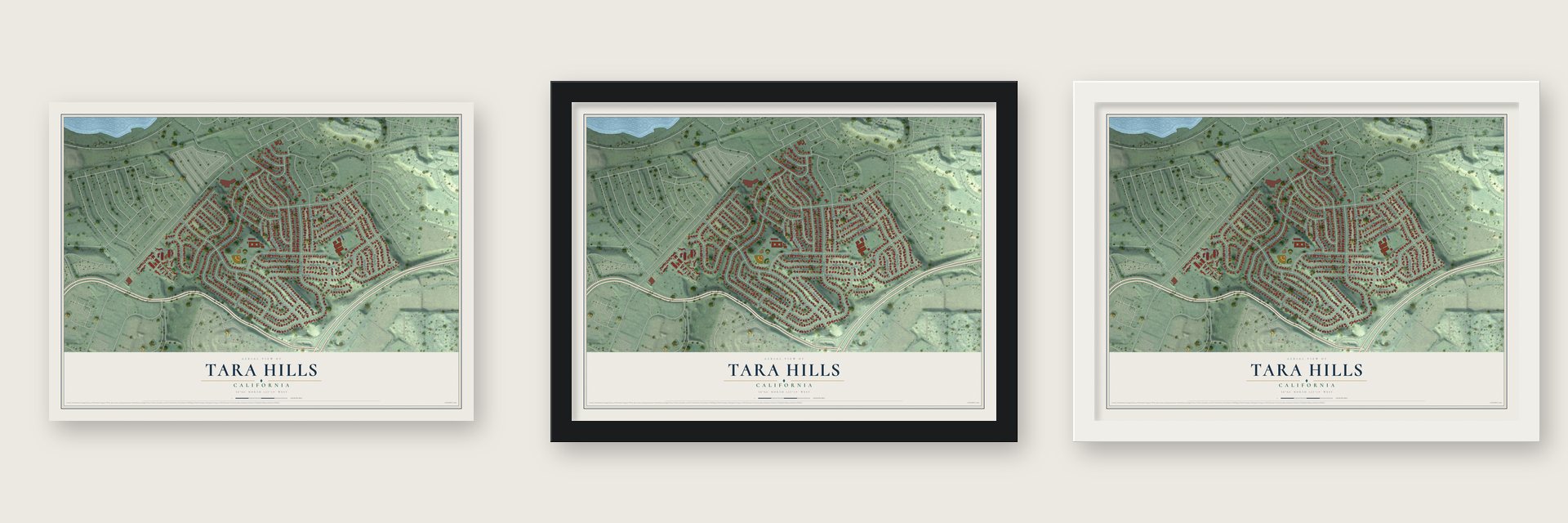Tara Hills, California map unframed, in a black wood frame and in a white wood frame