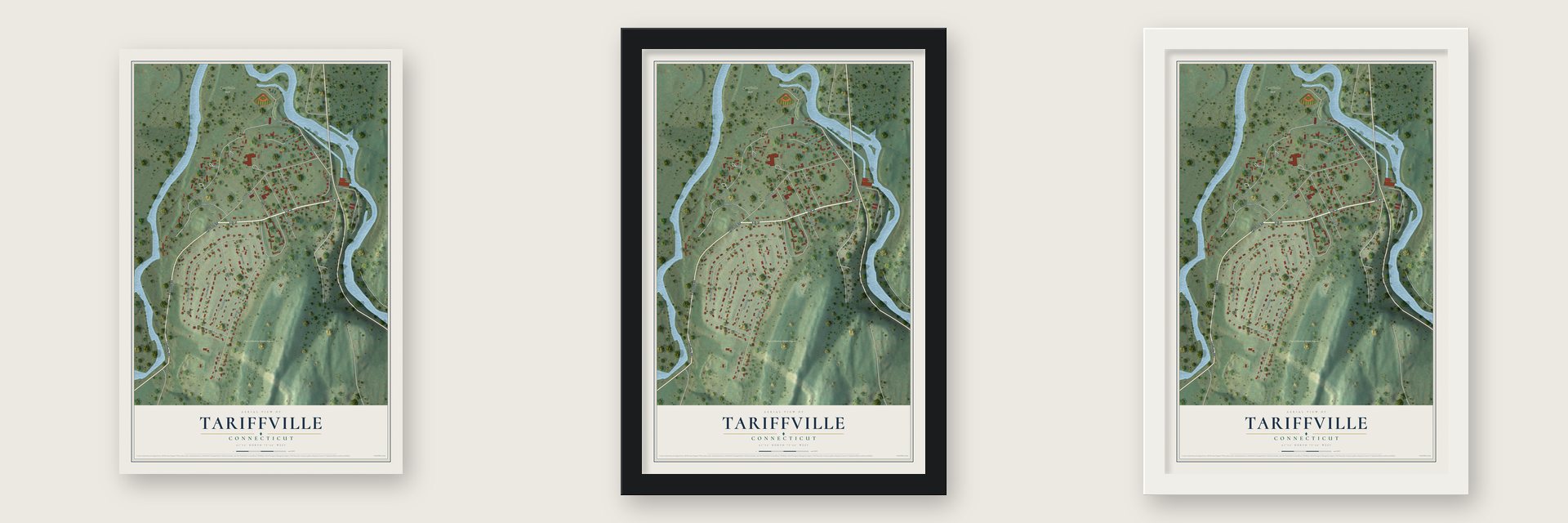 Tariffville, Connecticut map unframed, in a black wood frame and in a white wood frame