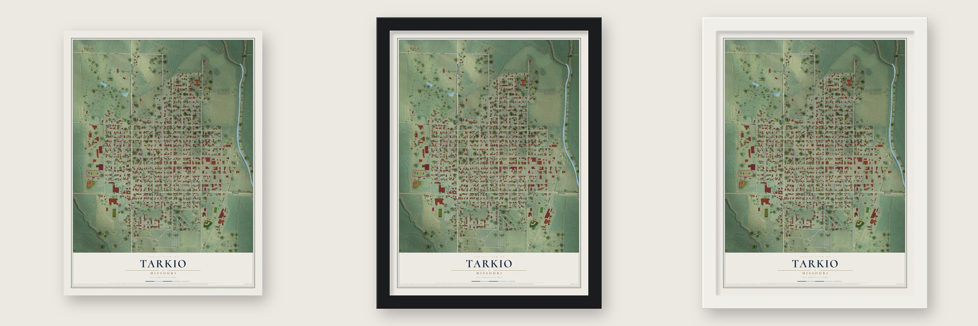 Tarkio, Missouri map unframed, in a black wood frame and in a white wood frame