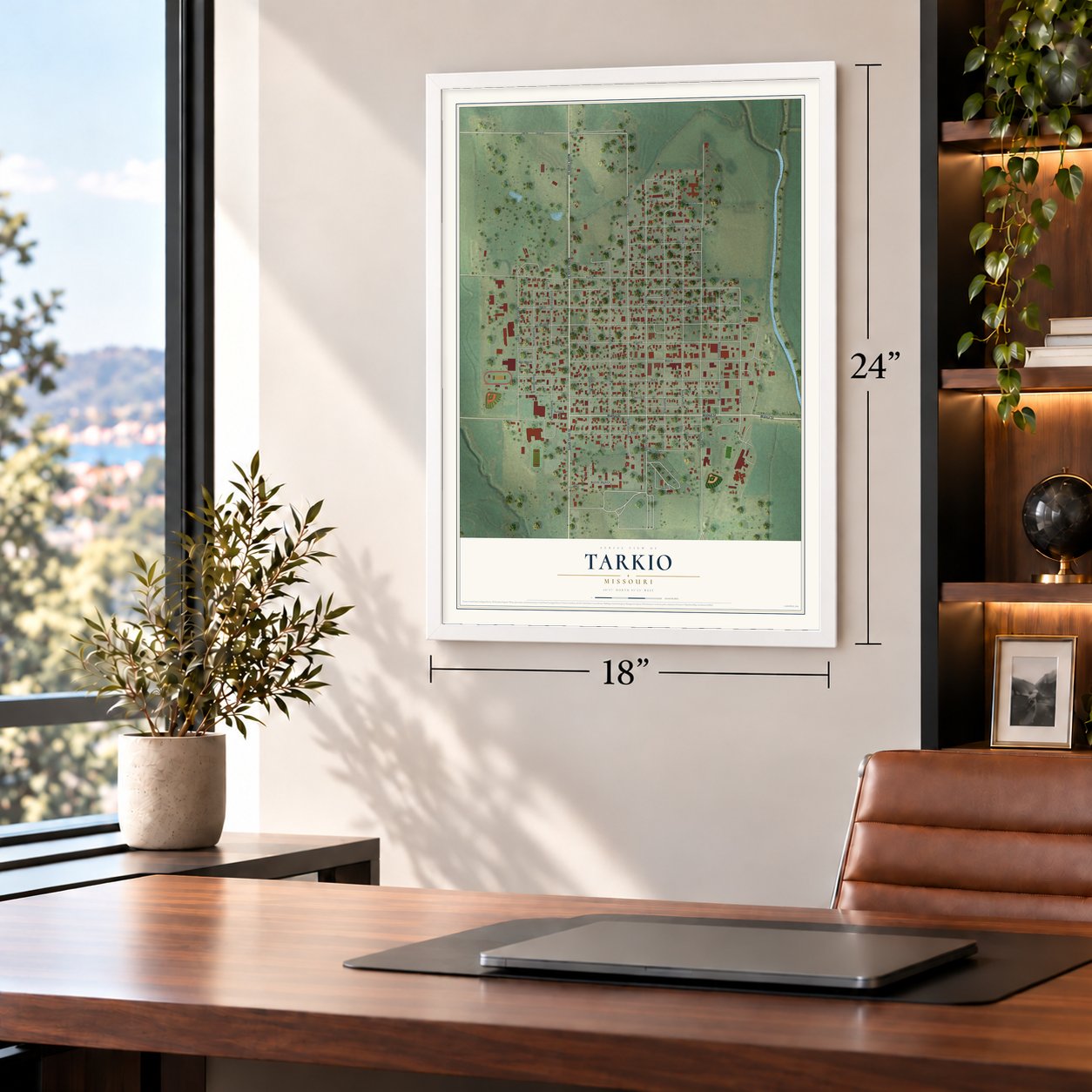 Tarkio, Missouri map, 18 x 24 inch print in a white frame in a home office