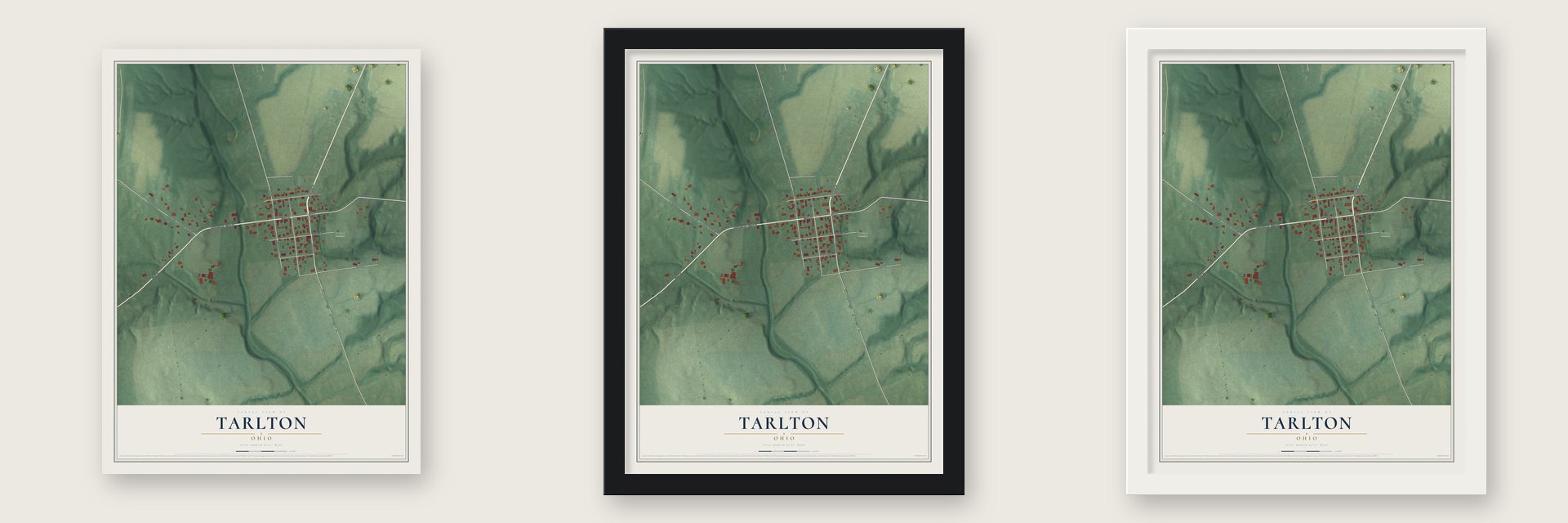 Tarlton, Ohio map unframed, in a black wood frame and in a white wood frame