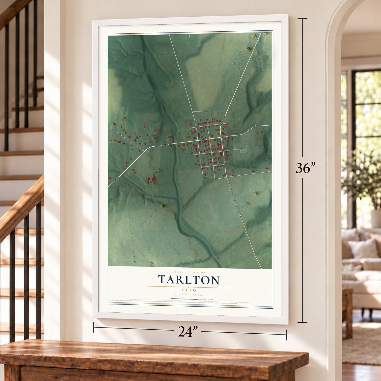 Tarlton, Ohio map, 24 x 36 inch print in a white frame by a staircase