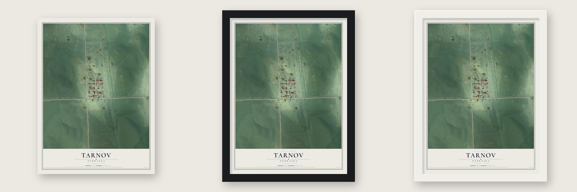 Tarnov, Nebraska map unframed, in a black wood frame and in a white wood frame