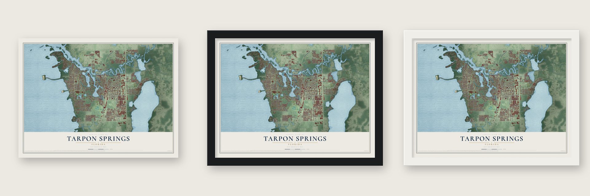 Tarpon Springs, Florida map unframed, in a black wood frame and in a white wood frame