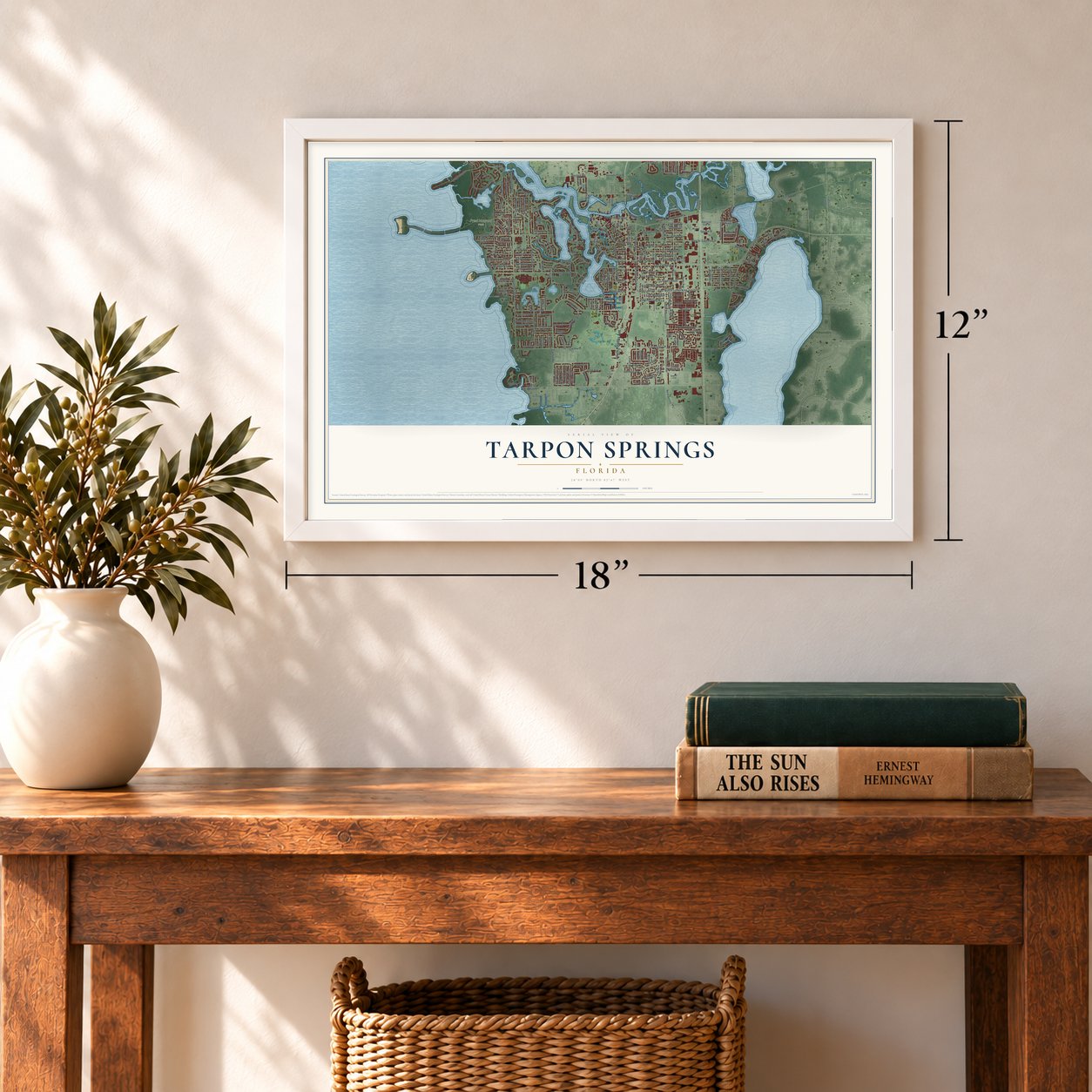 Tarpon Springs, Florida map, 12 x 18 inch print in a white frame in an entryway