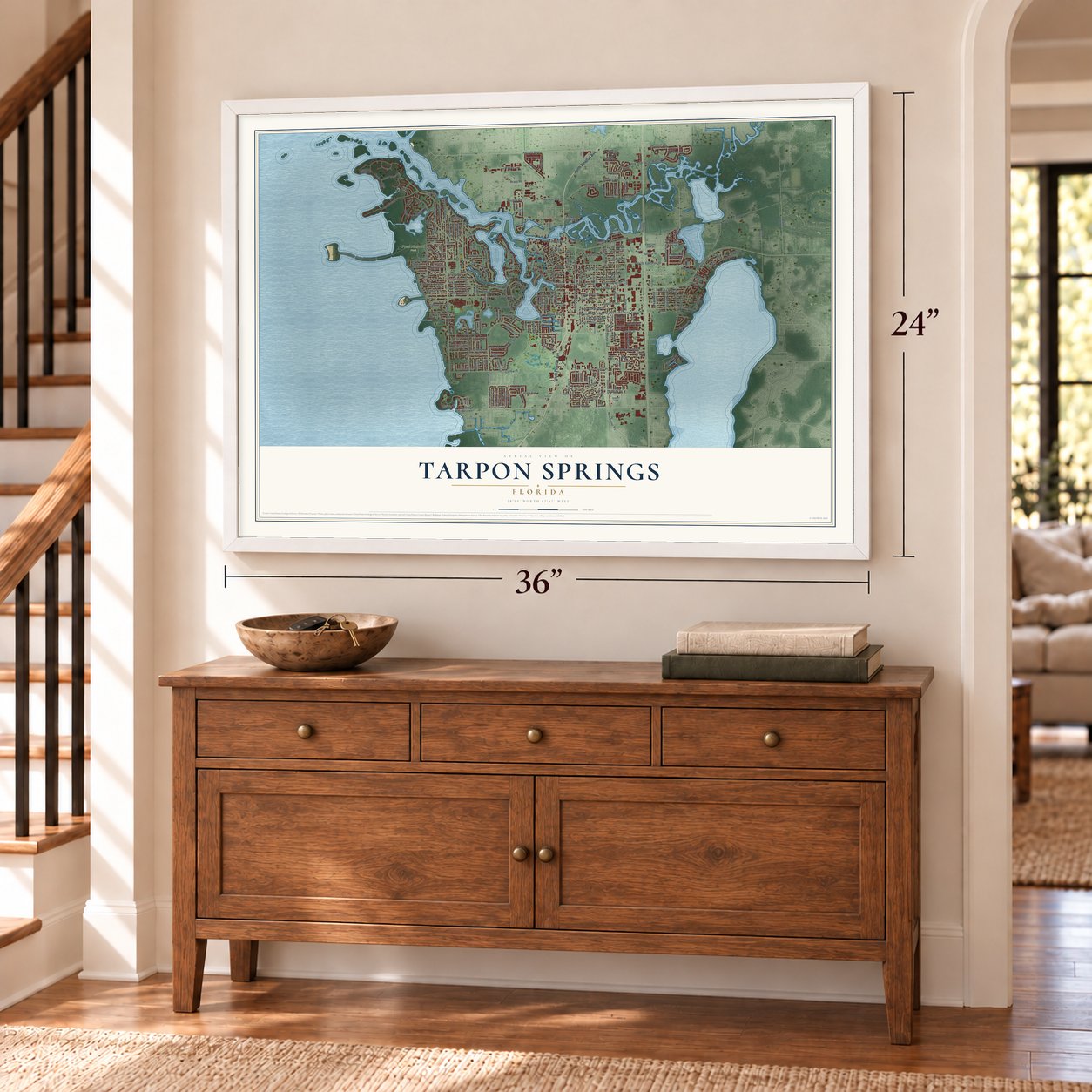 Tarpon Springs, Florida map, 24 x 36 inch print in a white frame above a dresser by a staircase