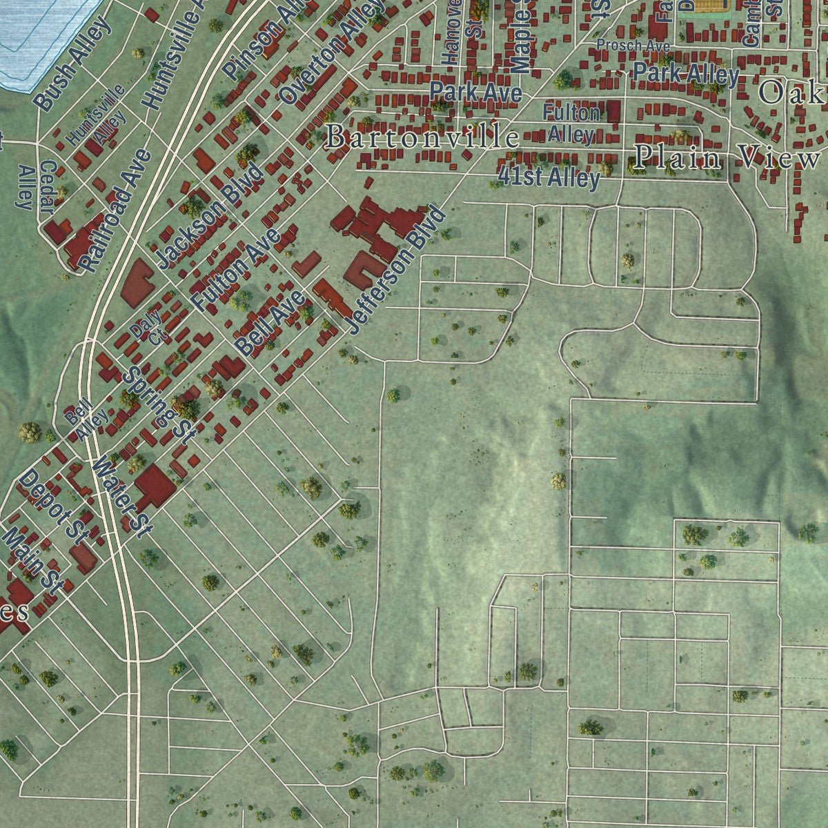 Second close-up of the map of Tarrant, Alabama print showing more streets and buildings