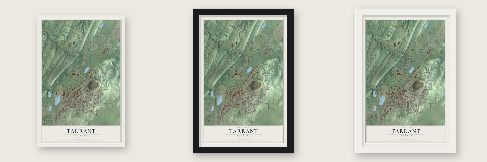 Tarrant, Alabama map unframed, in a black wood frame and in a white wood frame