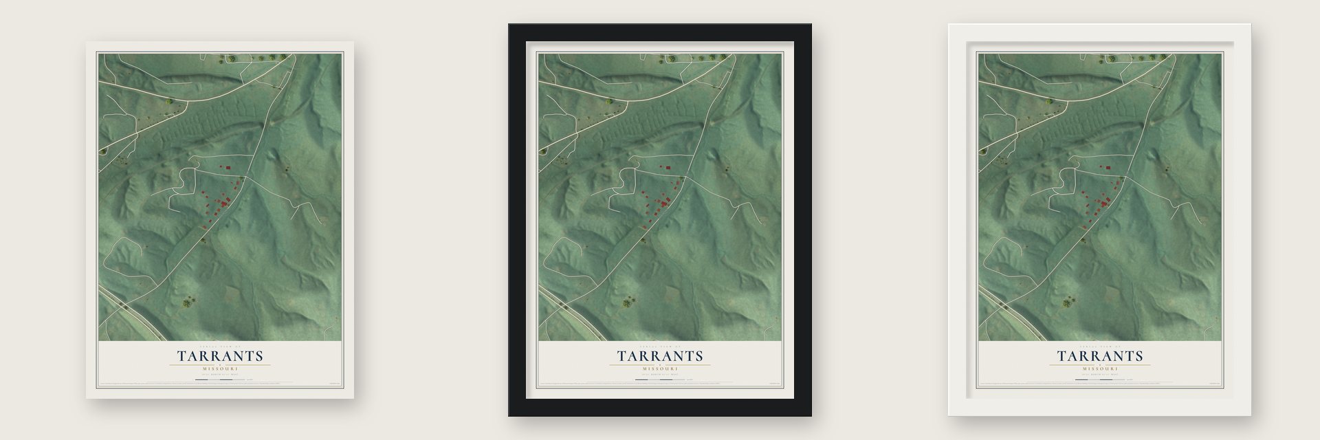 Tarrants, Missouri map unframed, in a black wood frame and in a white wood frame
