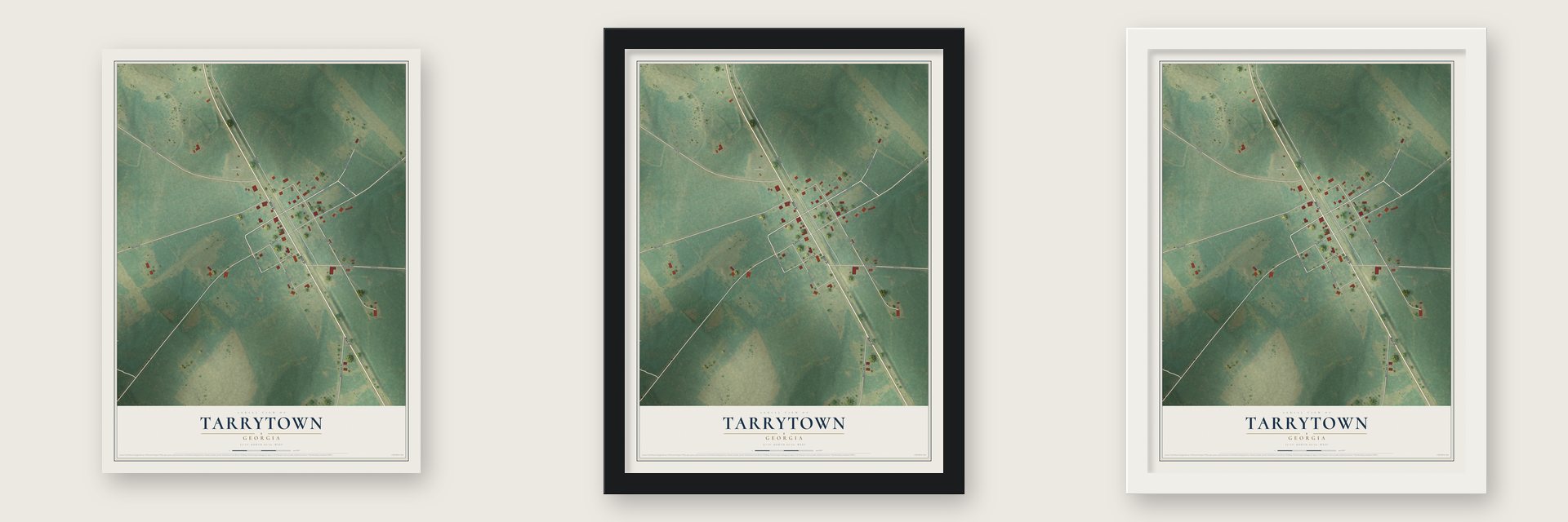 Tarrytown, Georgia map unframed, in a black wood frame and in a white wood frame