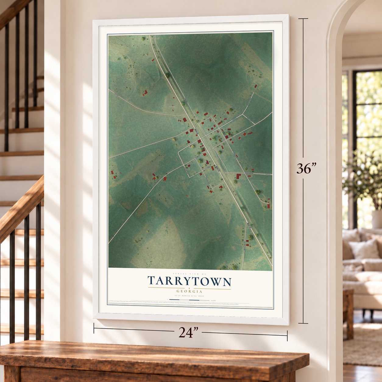 Tarrytown, Georgia map, 24 x 36 inch print in a white frame by a staircase