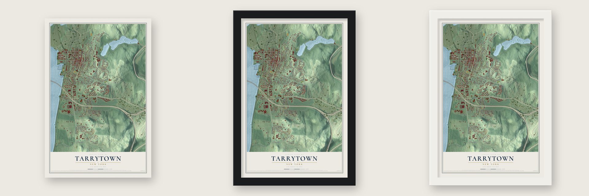 Tarrytown, New York map unframed, in a black wood frame and in a white wood frame