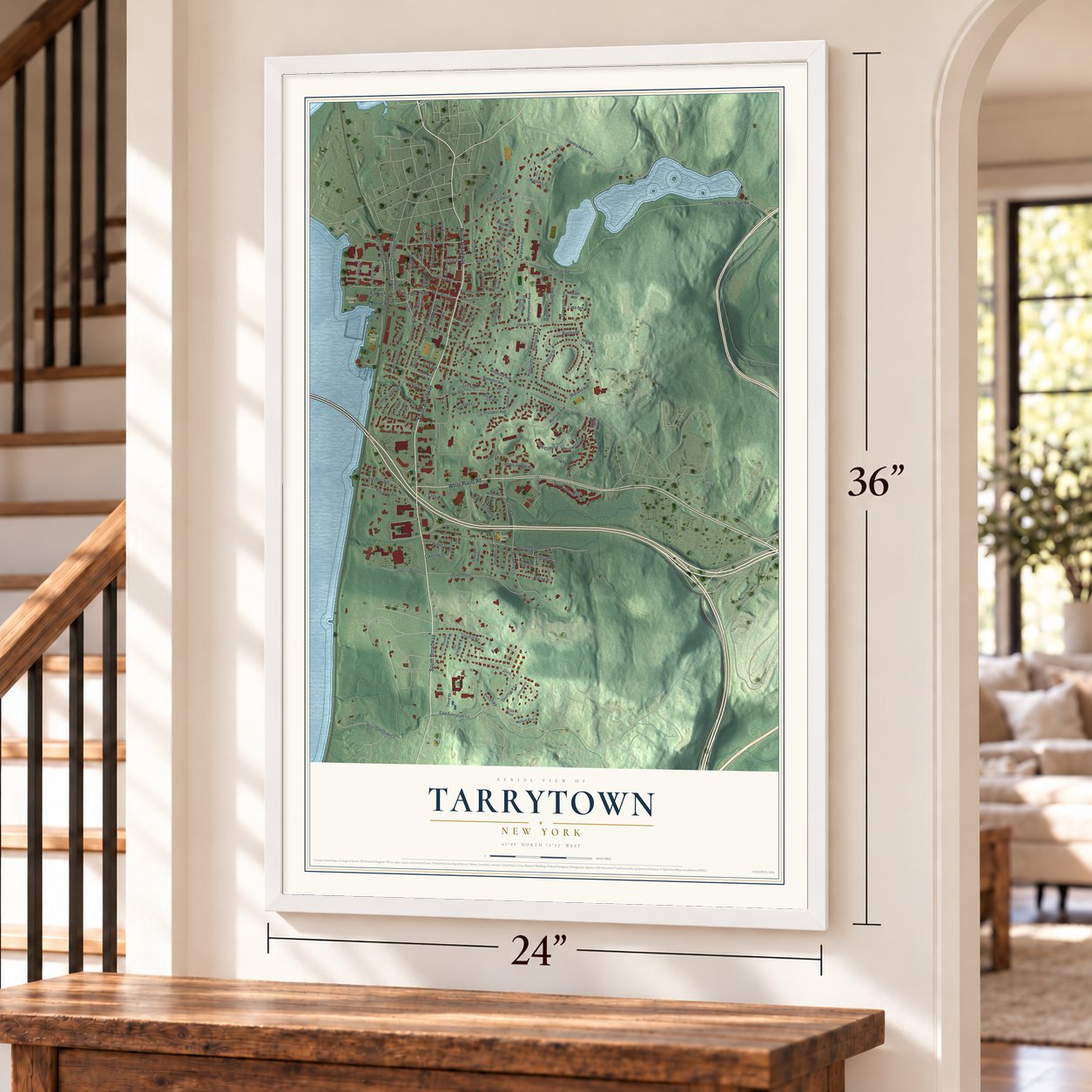 Tarrytown, New York map, 24 x 36 inch print in a white frame by a staircase