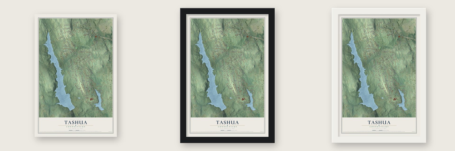 Tashua, Connecticut map unframed, in a black wood frame and in a white wood frame