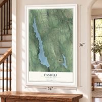 Tashua, Connecticut map, 24 x 36 inch print in a white frame by a staircase