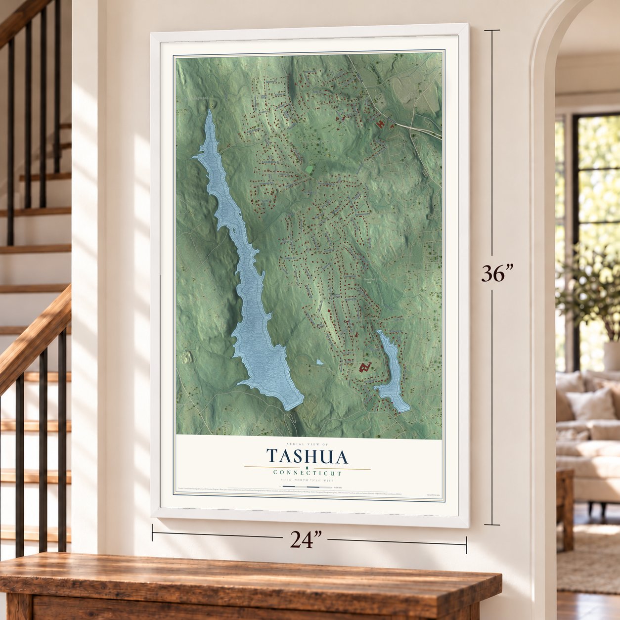 Tashua, Connecticut map, 24 x 36 inch print in a white frame by a staircase