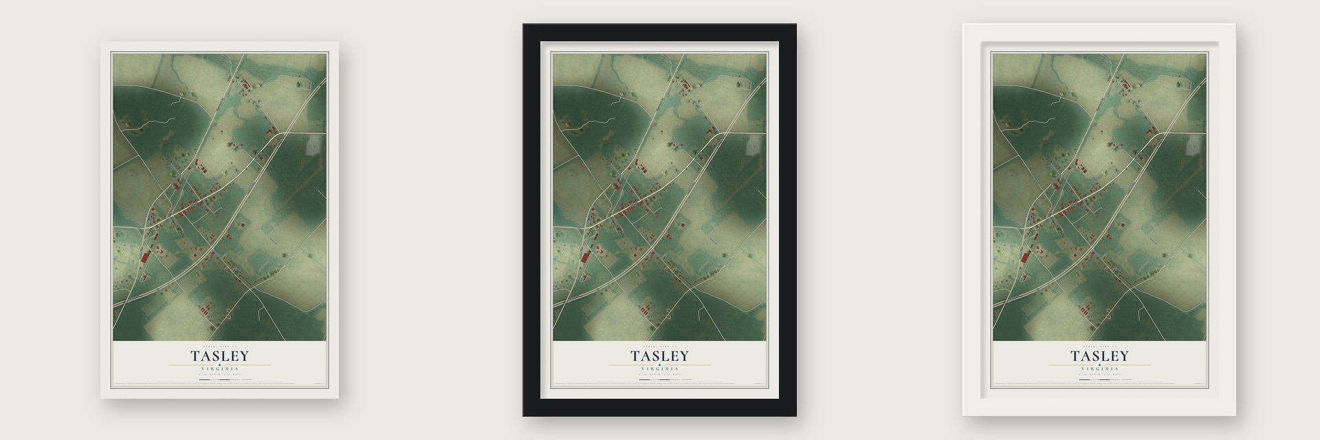 Tasley, Virginia map unframed, in a black wood frame and in a white wood frame