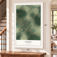 Tasley, Virginia map, 24 x 36 inch print in a white frame by a staircase