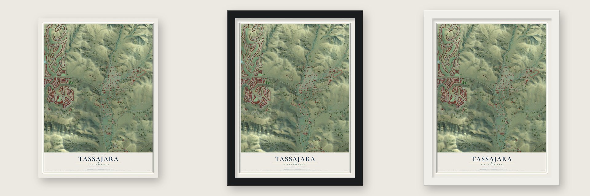 Tassajara, California map unframed, in a black wood frame and in a white wood frame