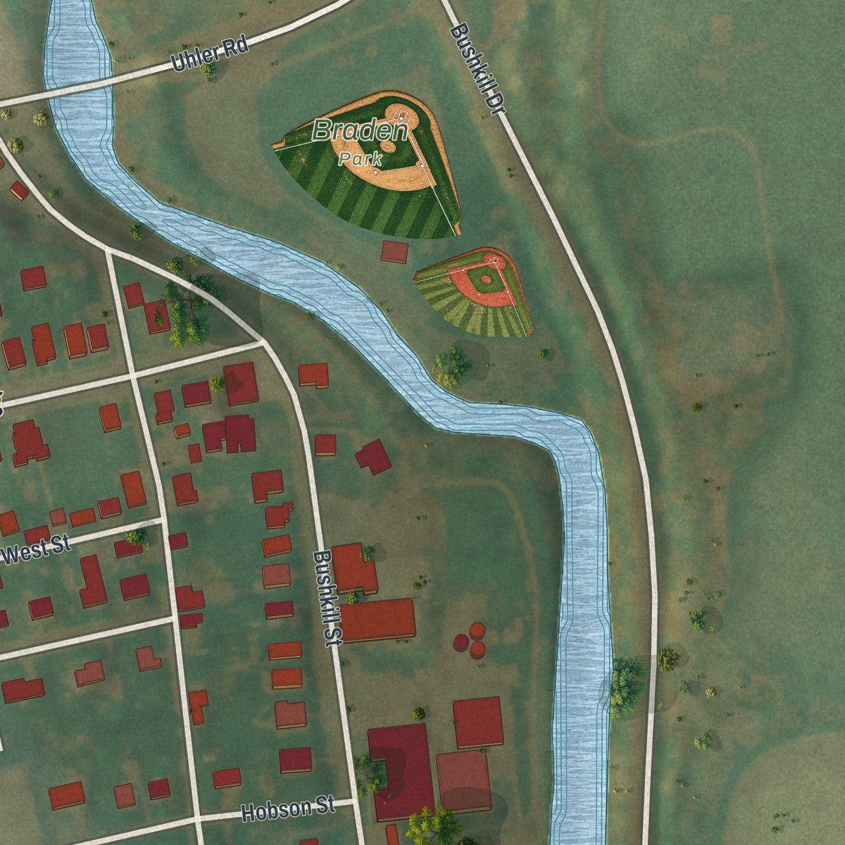 Second close-up of the map of Tatamy, Pennsylvania print showing more streets and buildings