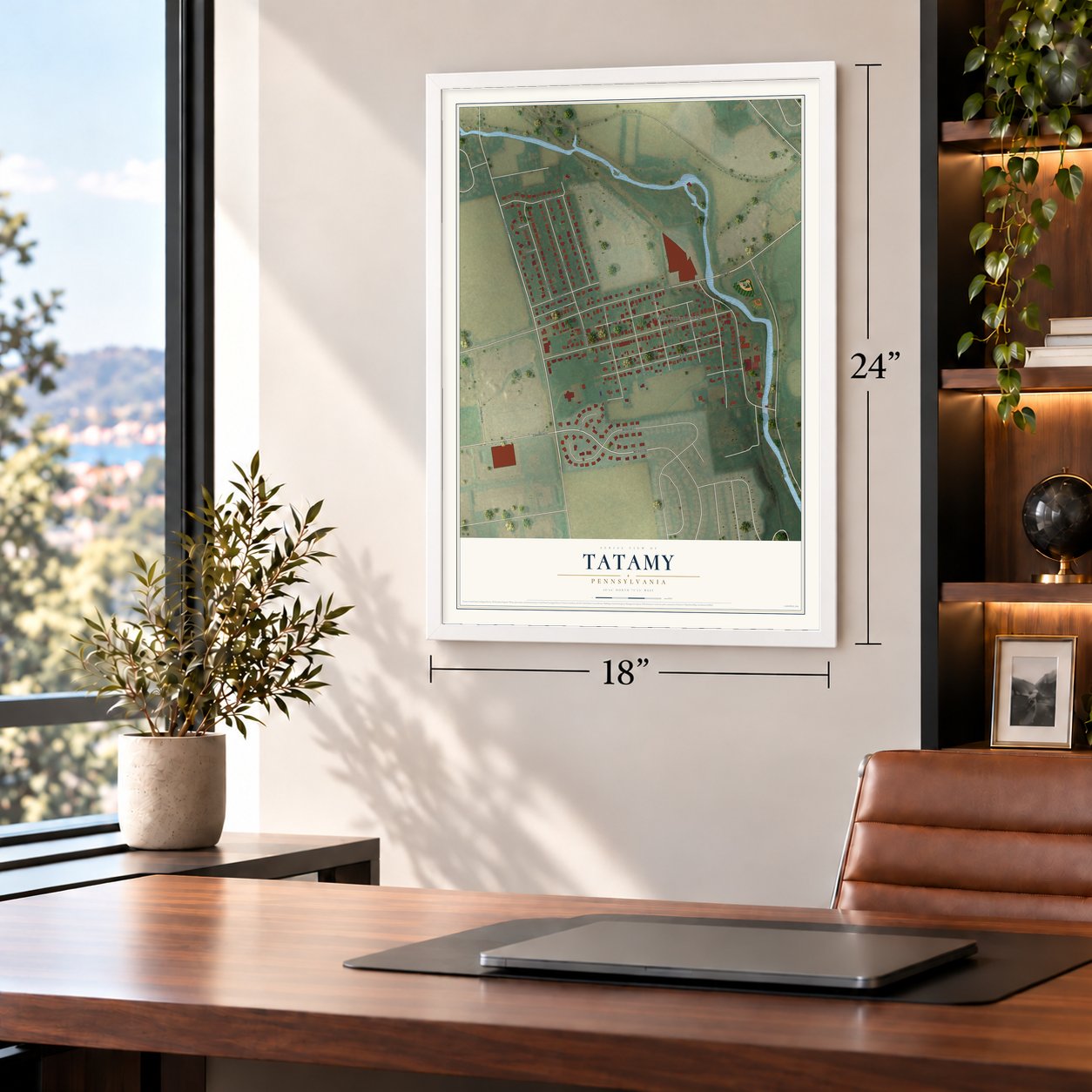 Tatamy, Pennsylvania map, 18 x 24 inch print in a white frame in a home office