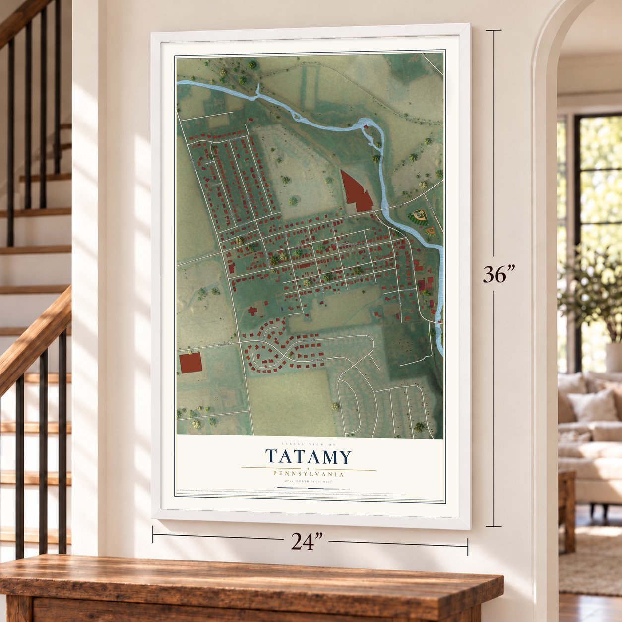 Tatamy, Pennsylvania map, 24 x 36 inch print in a white frame by a staircase