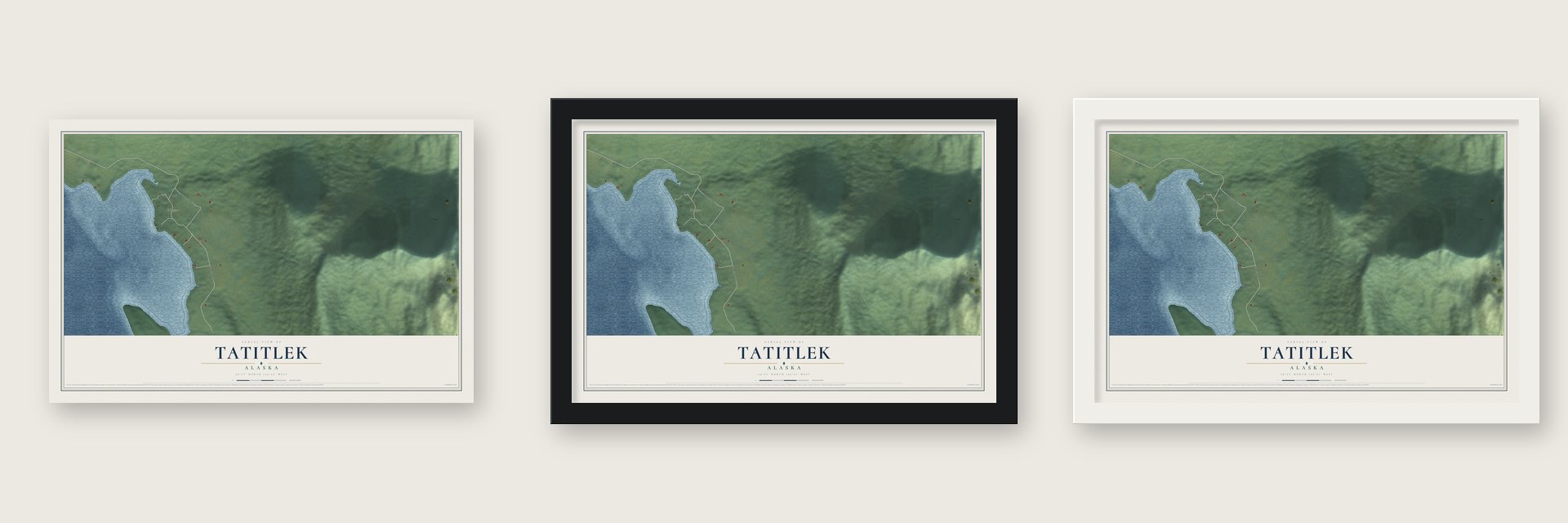 Tatitlek, Alaska map unframed, in a black wood frame and in a white wood frame