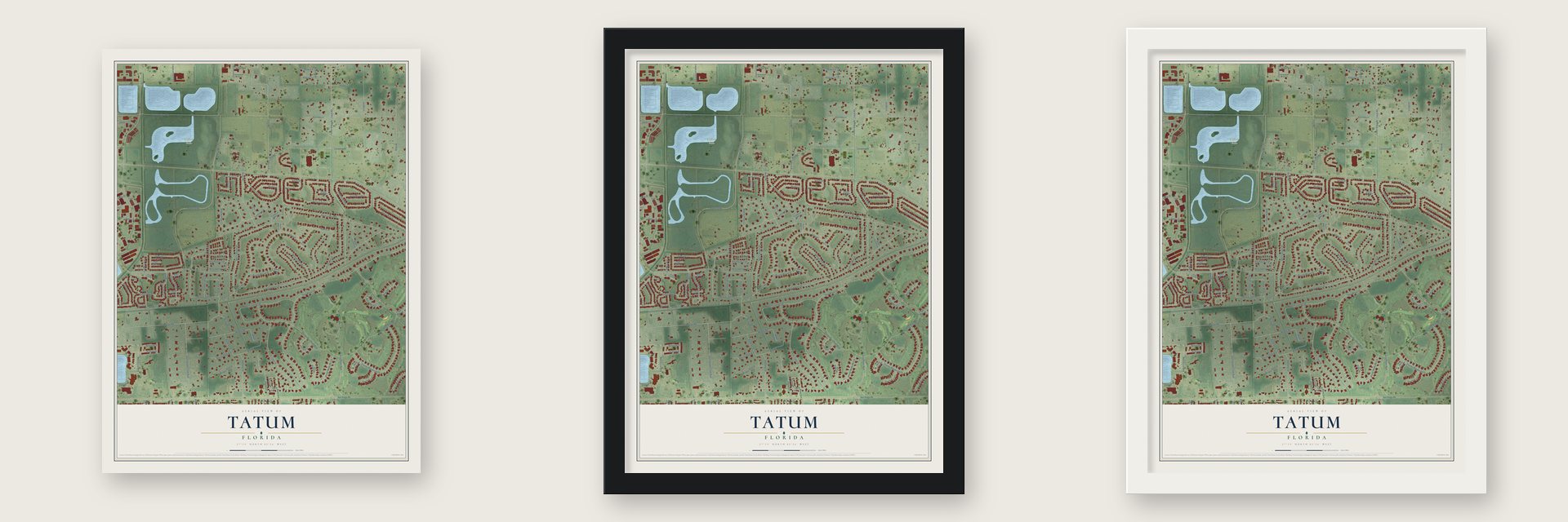 Tatum, Florida map unframed, in a black wood frame and in a white wood frame