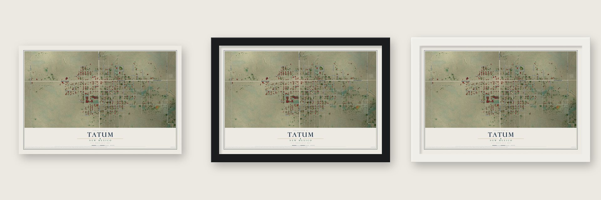 Tatum, New Mexico map unframed, in a black wood frame and in a white wood frame