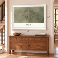 Tatum, New Mexico map, 24 x 36 inch print in a white frame above a dresser by a staircase