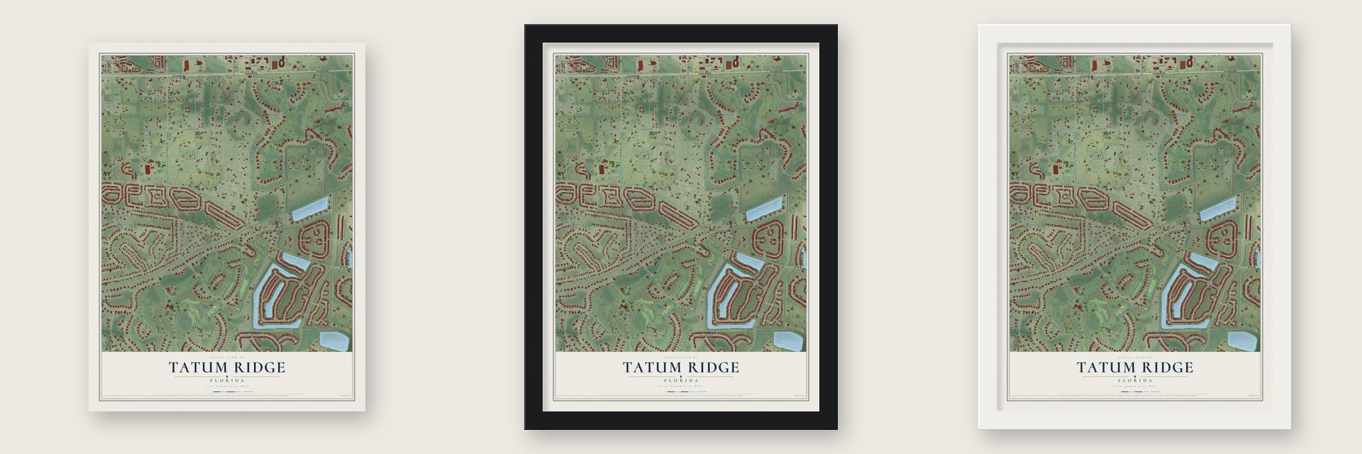 Tatum Ridge, Florida map unframed, in a black wood frame and in a white wood frame
