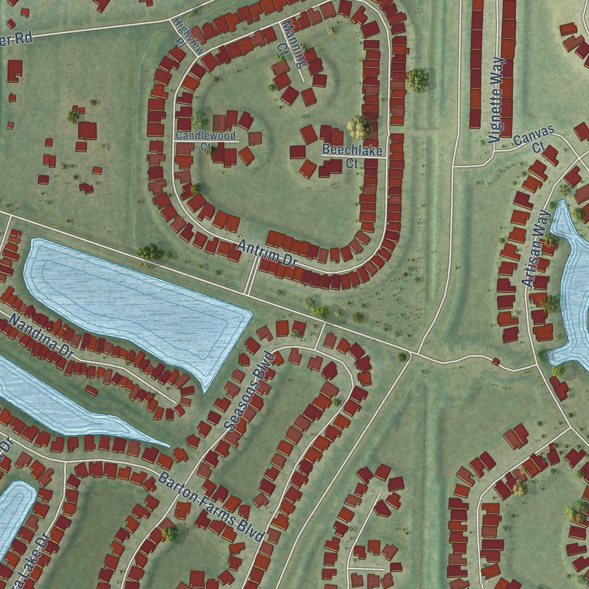 Second close-up of the map of Tatum Ridge, Florida print showing more streets and buildings