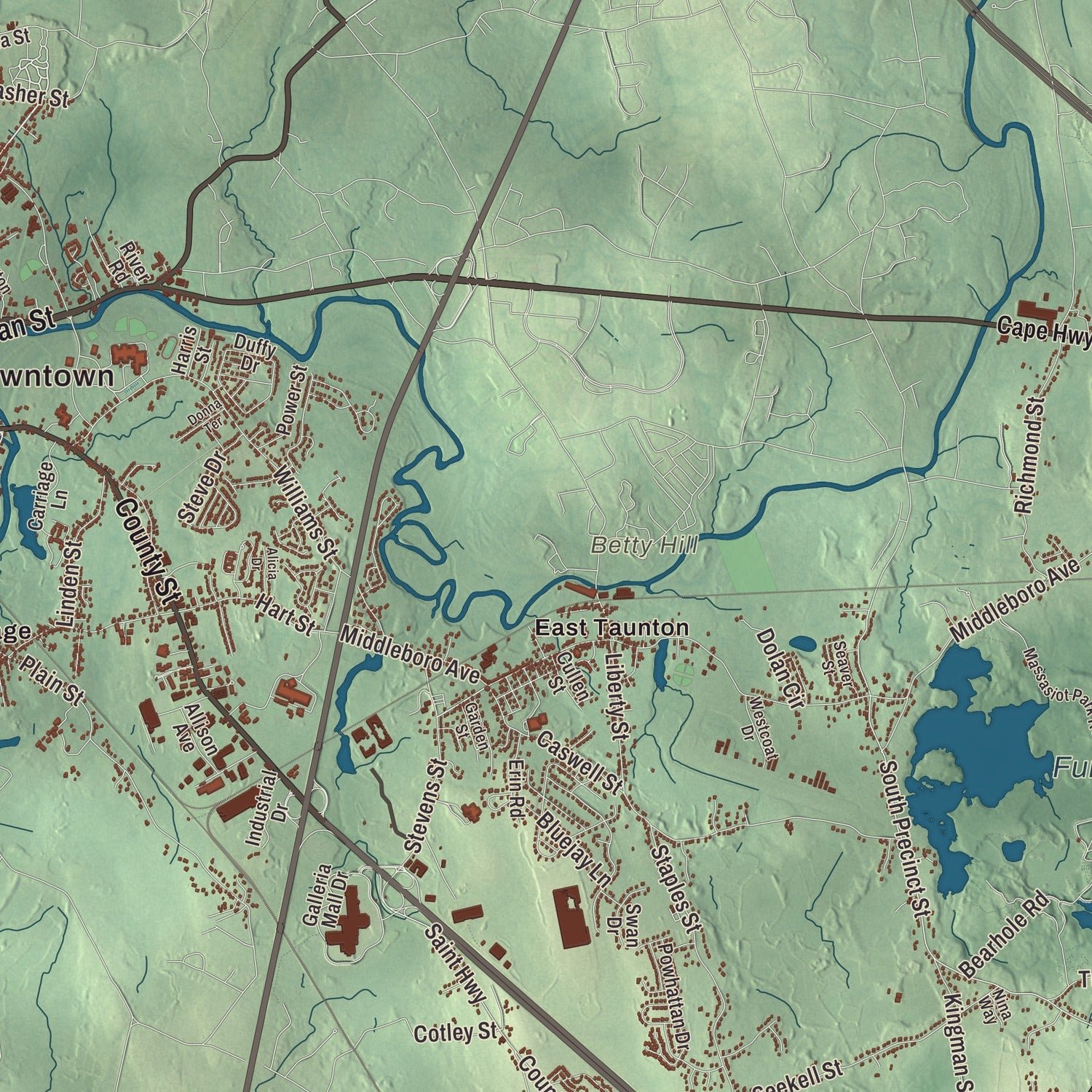 Close-up of the map of Taunton, Massachusetts print showing terrain and local geography