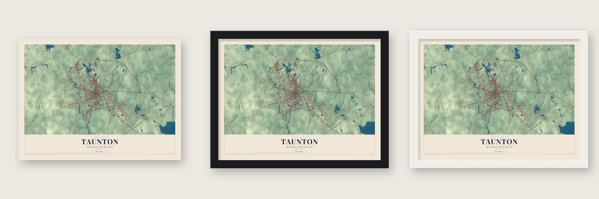 Taunton, Massachusetts map unframed, in a black wood frame and in a white wood frame