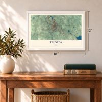 Taunton, Massachusetts map, 12 x 18 inch print in a white frame in an entryway