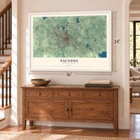 Taunton, Massachusetts map, 24 x 36 inch print in a white frame above a dresser by a staircase