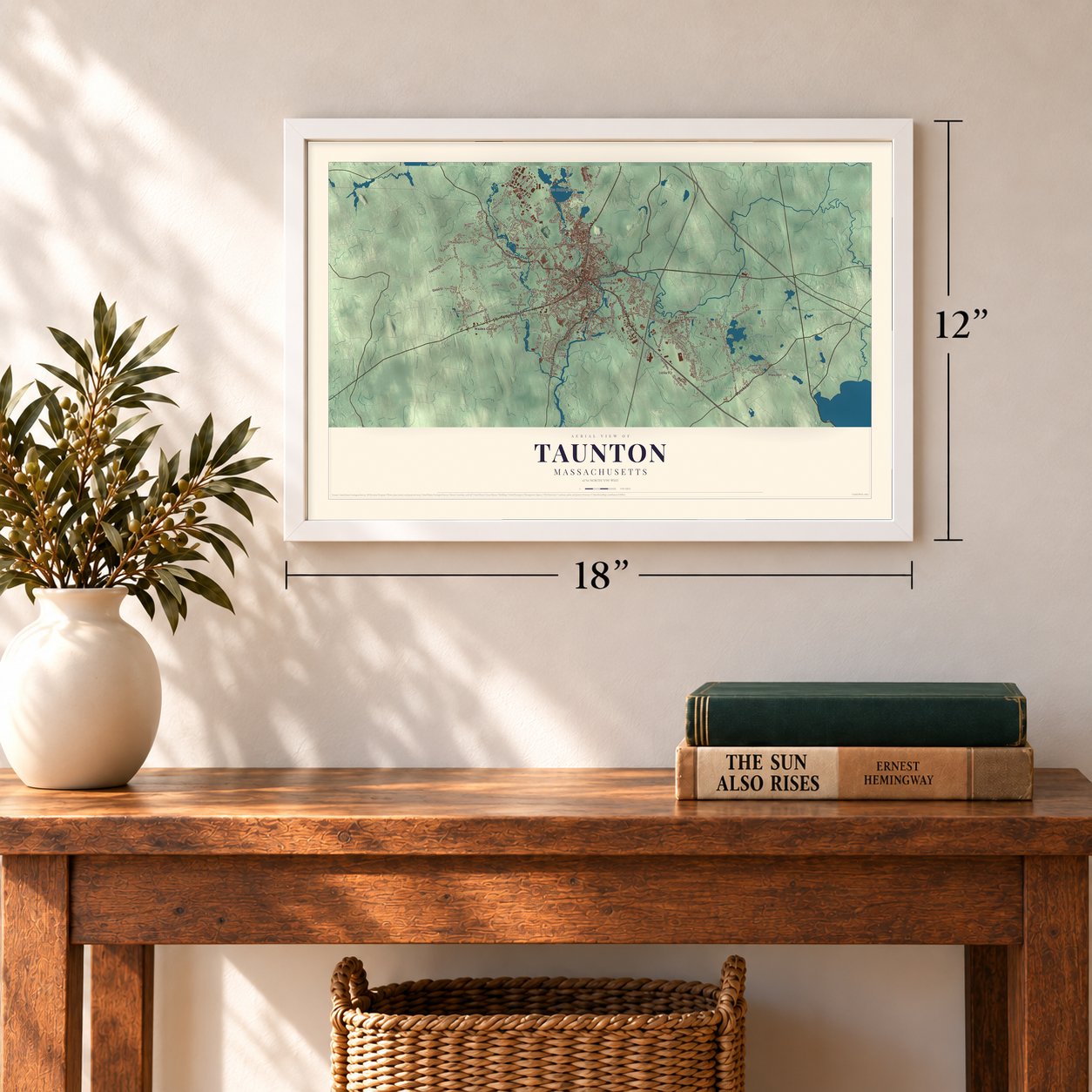 Taunton, Massachusetts map, 12 x 18 inch print in a white frame in an entryway