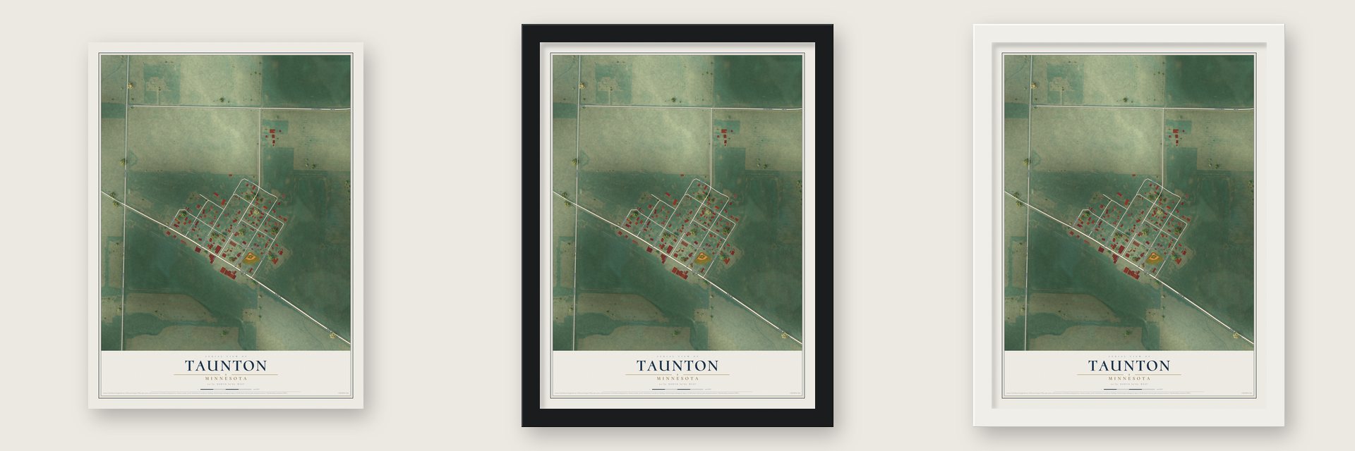 Taunton, Minnesota map unframed, in a black wood frame and in a white wood frame