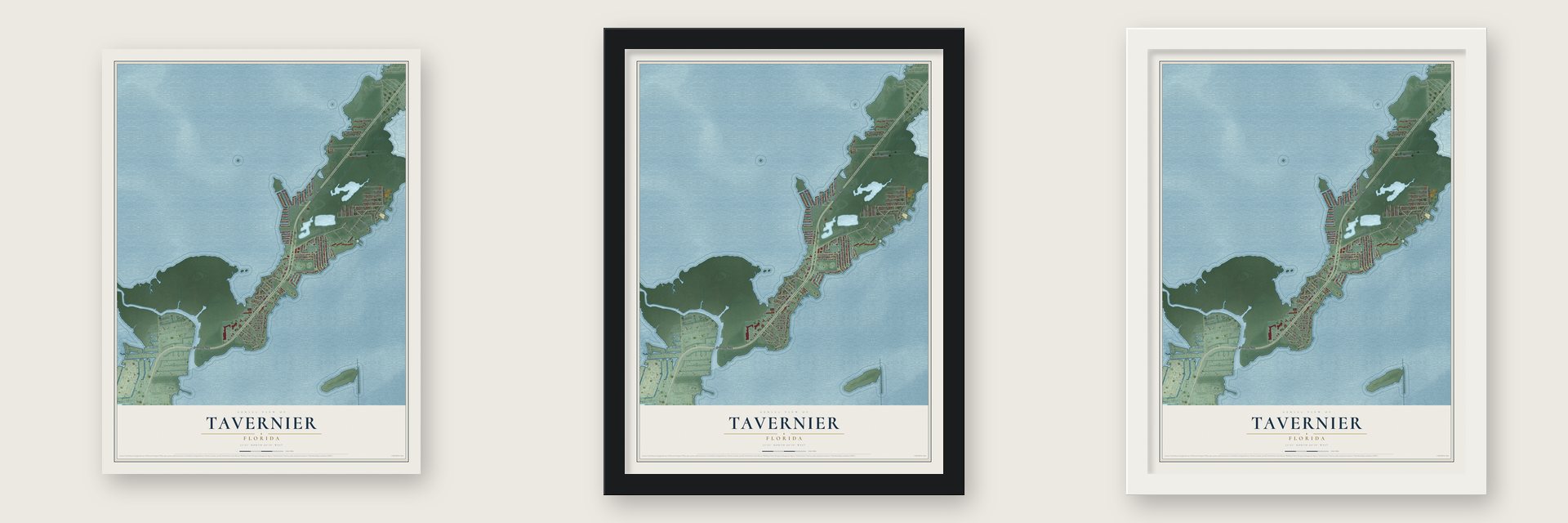 Tavernier, Florida map unframed, in a black wood frame and in a white wood frame