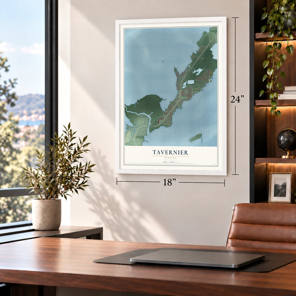 Tavernier, Florida map, 18 x 24 inch print in a white frame in a home office