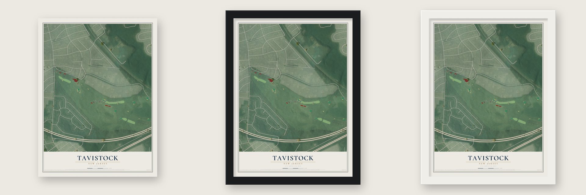 Tavistock, New Jersey map unframed, in a black wood frame and in a white wood frame