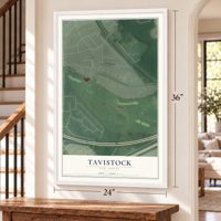 Tavistock, New Jersey map, 24 x 36 inch print in a white frame by a staircase