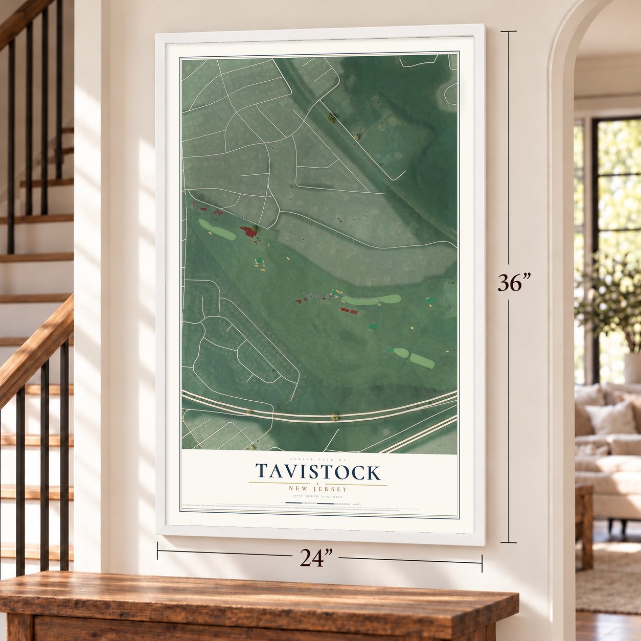 Tavistock, New Jersey map, 24 x 36 inch print in a white frame by a staircase