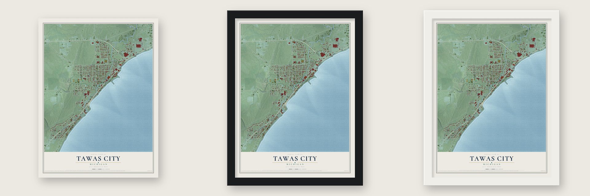 Tawas City, Michigan map unframed, in a black wood frame and in a white wood frame