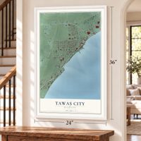 Tawas City, Michigan map, 24 x 36 inch print in a white frame by a staircase